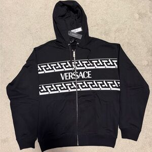 Versace Black and White Logo Zip-Up Hoodie Sweater